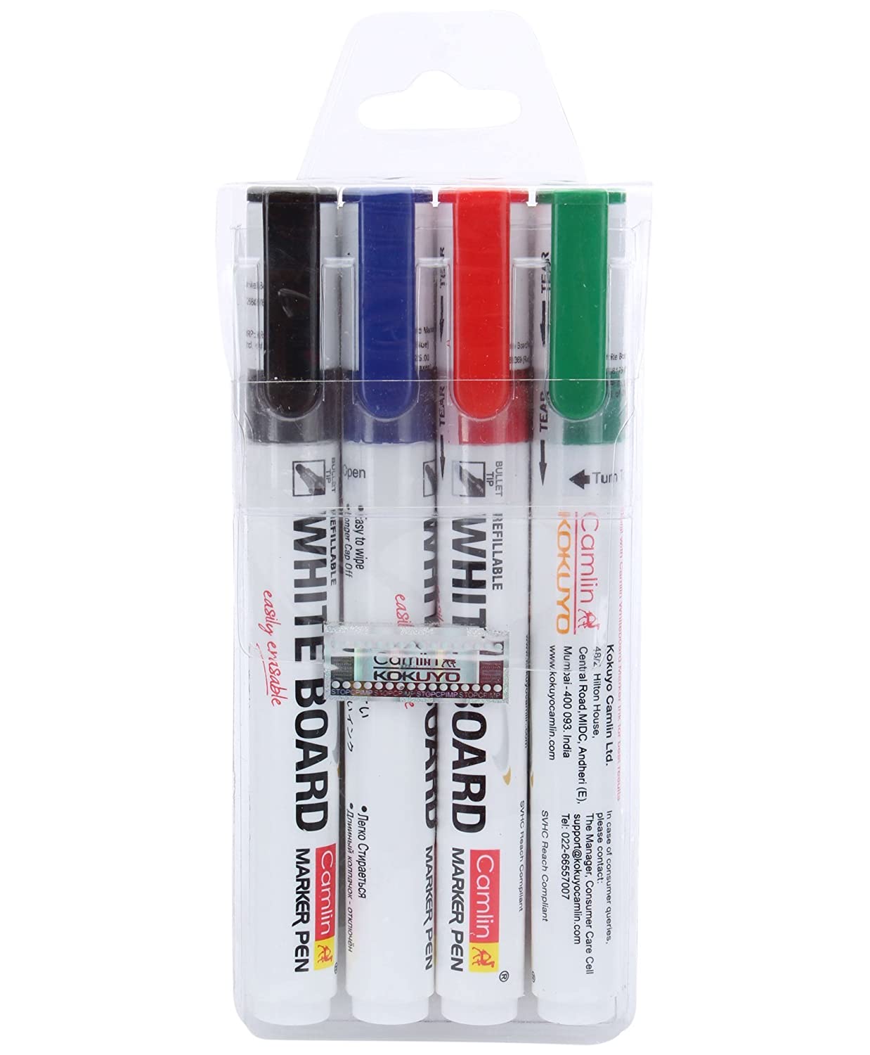 Camlin Kokuyo PB White Board Marker - Pack of 4 Assorted Colors (Black, Blue, Red, Green)
